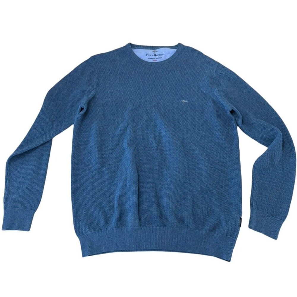Fynch-Hatton Superfine 3-Ply Cotton‎ Neck Jumper L Blue Premium Knit Sweater